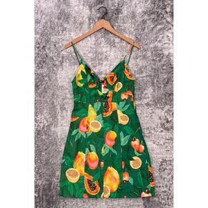 Farm Rio Dress Small Womens Papaya Salad Linen Front Cut Out Sleeveless Mini